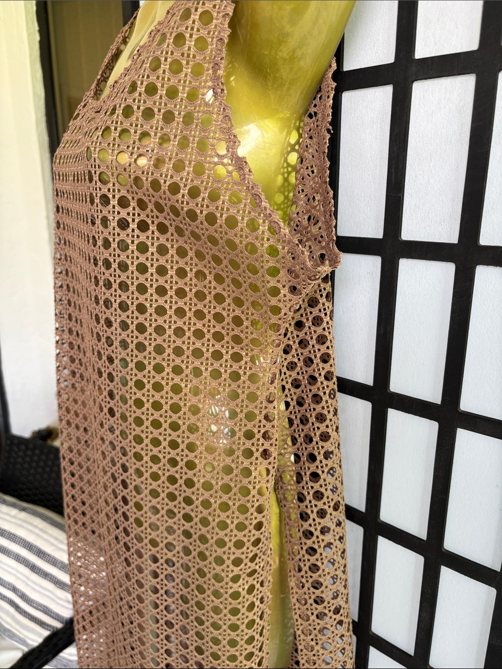 Crocheted Sheer Maxi Cover-Up Dress in brown. X-Large - Picture 2 of 5
